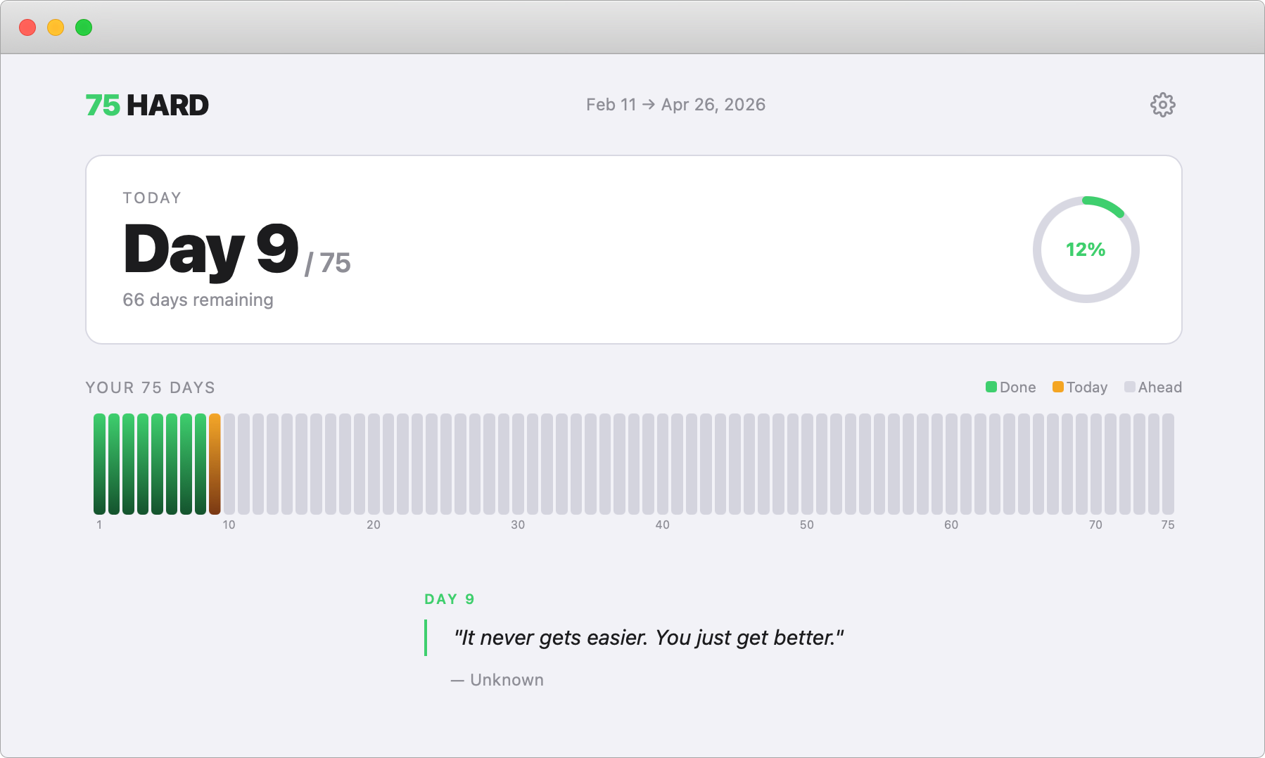 75 Hard tracker: day progress, timeline, and daily quote